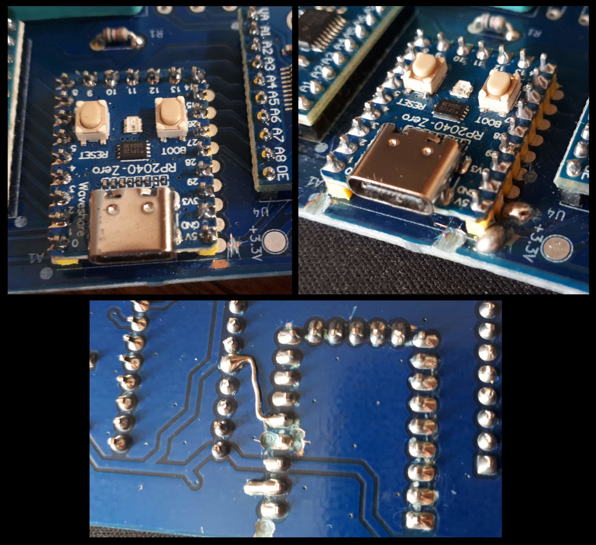 Cut and scraped PCB traces, solder bridges