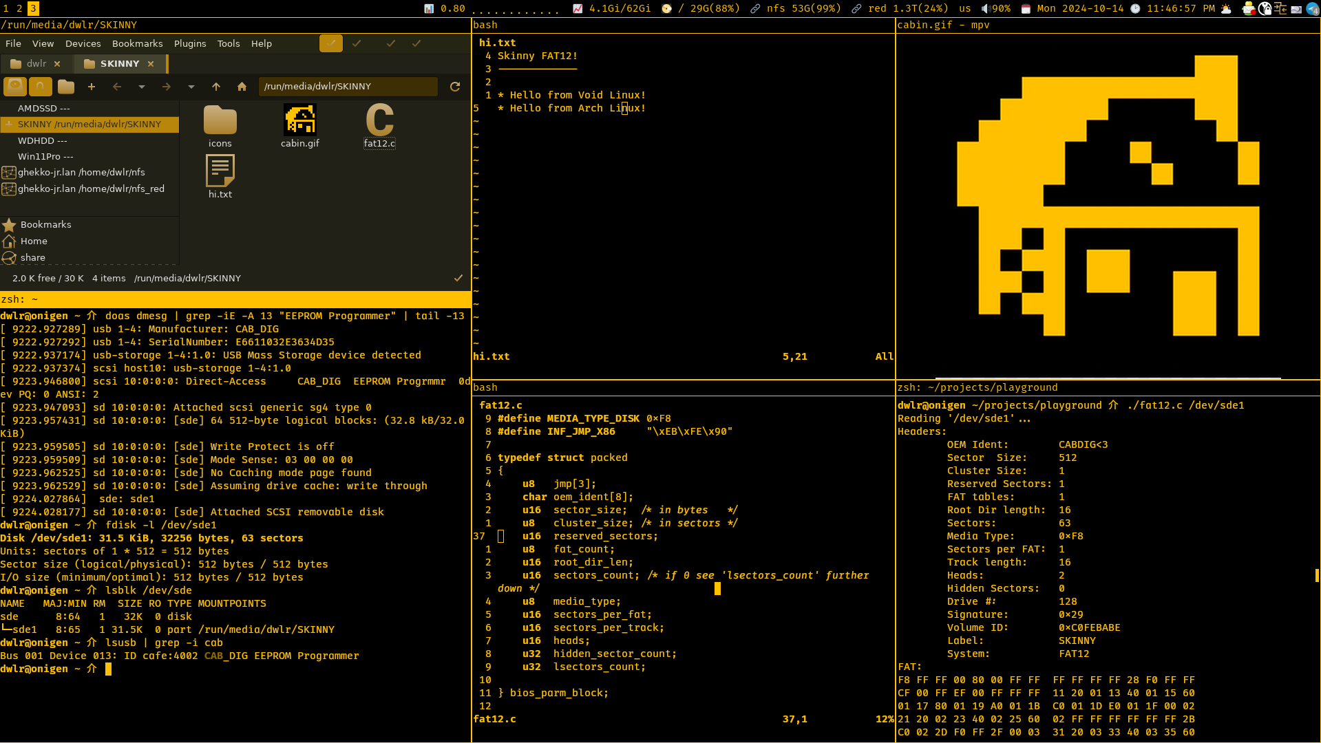 Screenshot of EEPROM formatted with FAT12 being mounted and read on Linux