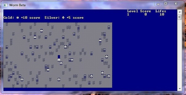 Windows™ CMD.exe showing an ASCII grid with different symobols representing resources and obstacles, a smiley face representing a player