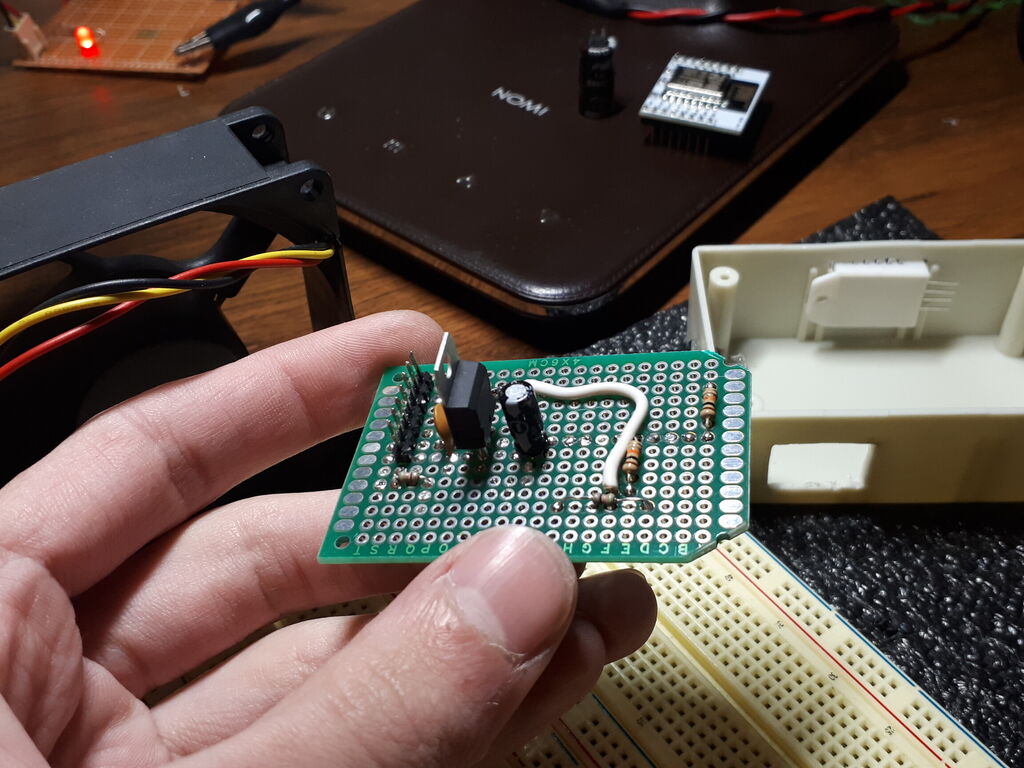 Perfboard in the middle of soldering